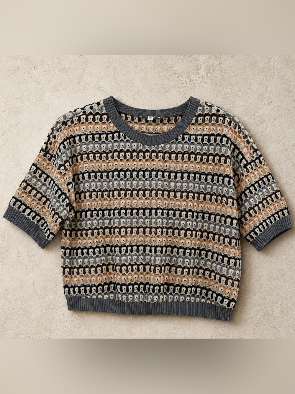DR2 Multicolor Textured Short-Sleeve Open Stitch Crewneck Sweater